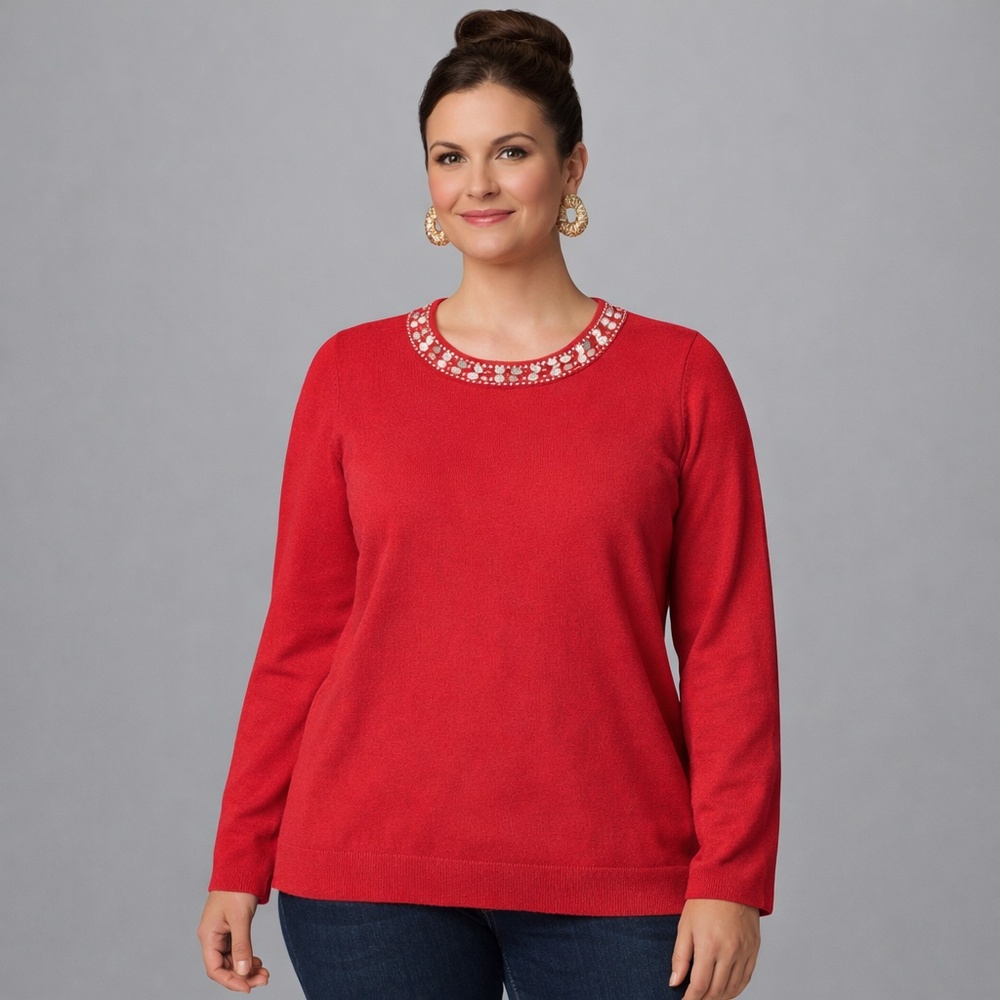 NWT Carmen Marc Valvo L/G red sweater with a crystal-embellished neckline